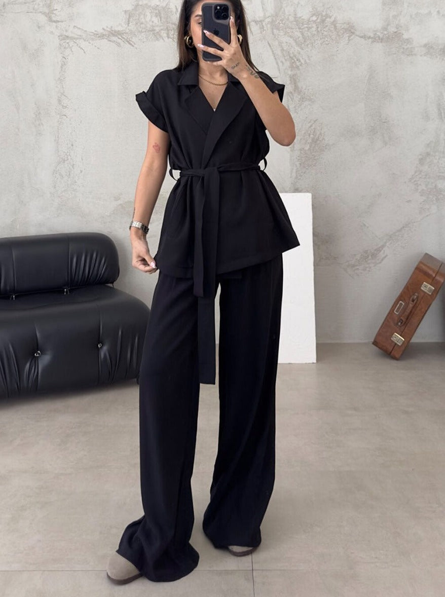 Casual Sleeveless Cardigan High-Waisted Trouser Suit