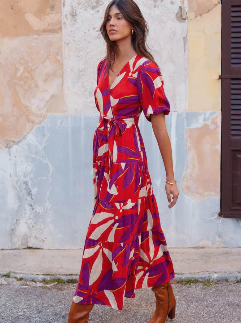 Temperament Leisure V-Neck Printed Mid-Length Dress