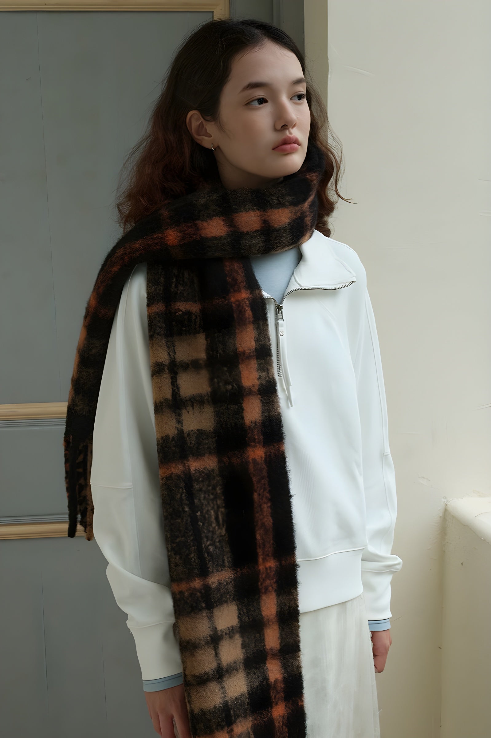 Long Winter Multi Colored Plaid Tassel Neck Scarf