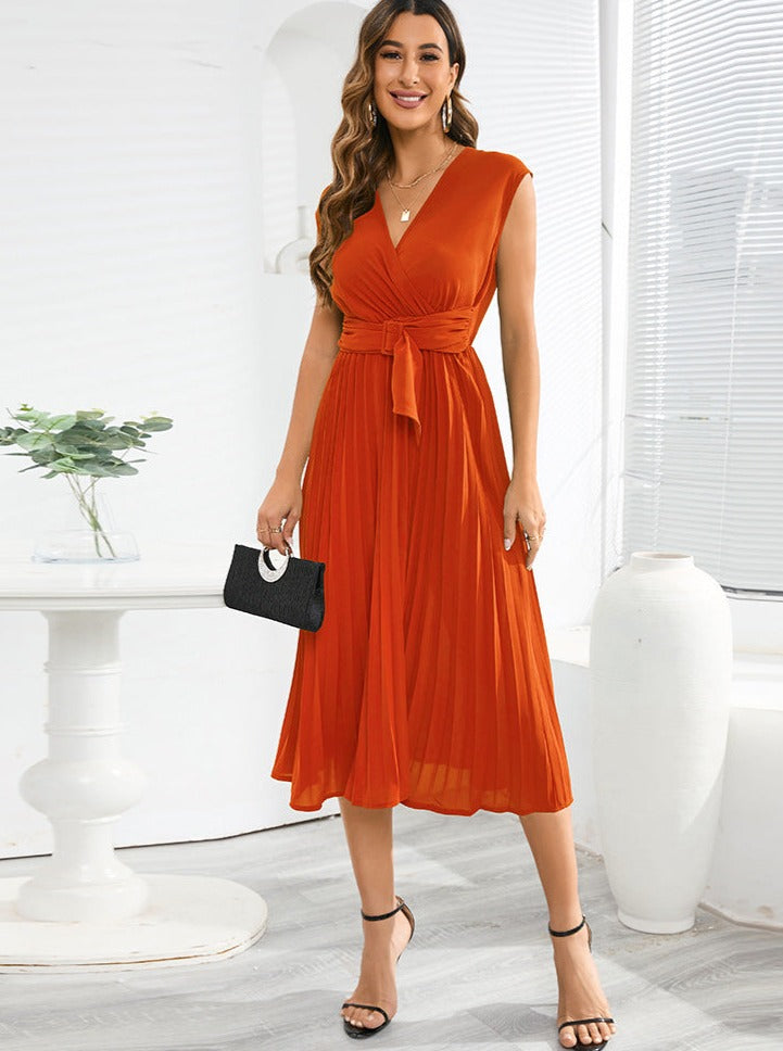 Summer Sleeveless V-Neck Slim Pleated Dress