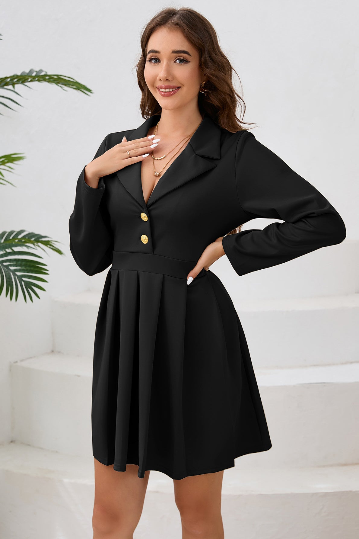 Pleated Buttoned A-Line Dress