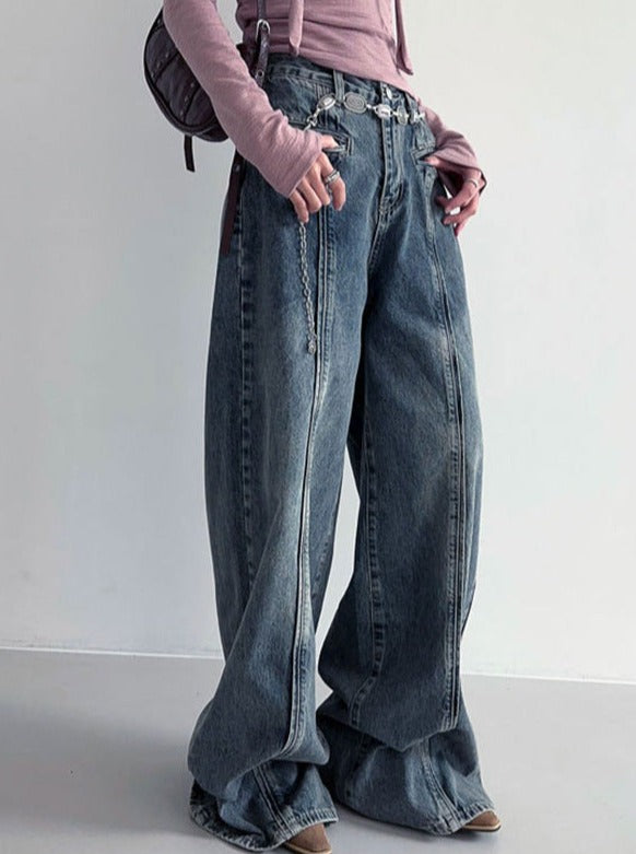Low Waist Washed Straight Fit Wide Leg Pants