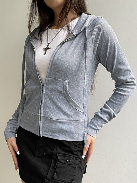 Solid Plain Zip-Up Drawstring Pocketed jacket