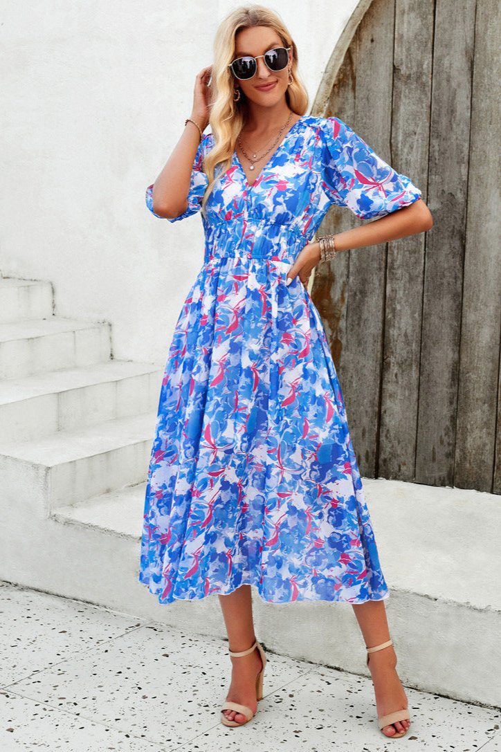 Blue Casual Floral V-Neck Puff Sleeve Midi Dress