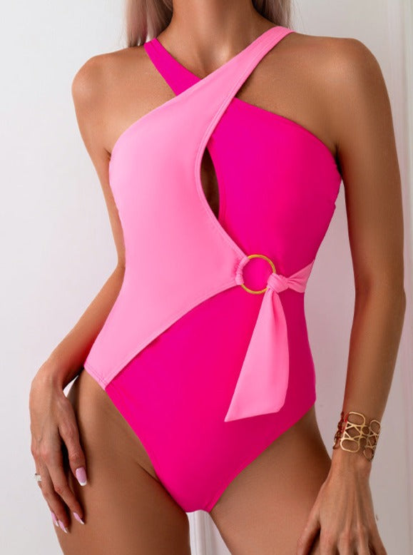 Einteiliger Badeanzug mit 2-farbigem Farbblockdesign und seitlicher Schnürung 