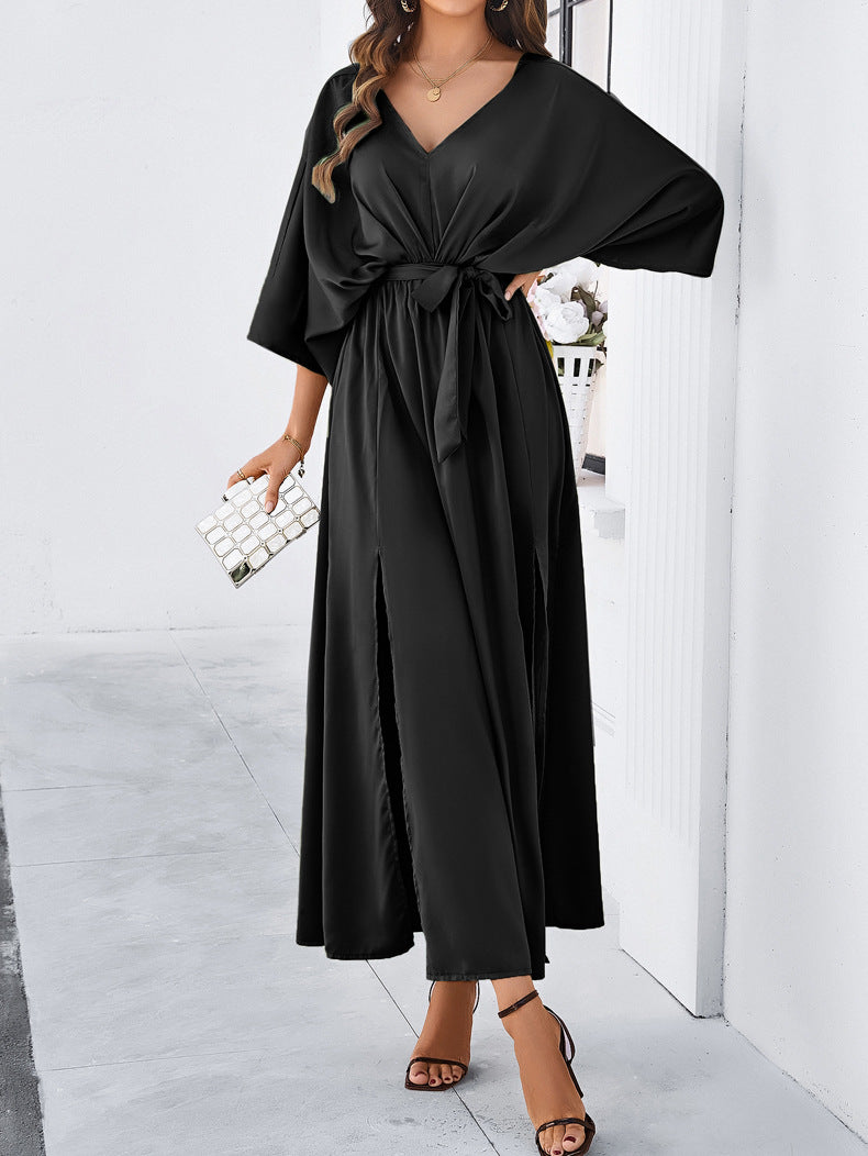 Black Elegant V-Neck Temperament Loose Dress