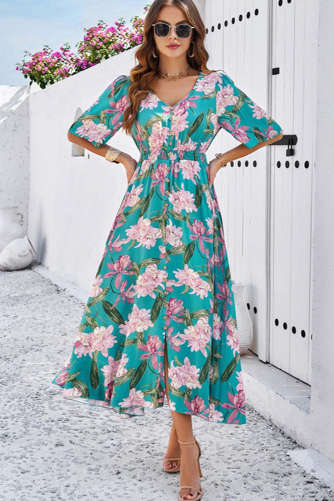 Chic Summer Floral V-Neck Side Slit Midi Dress