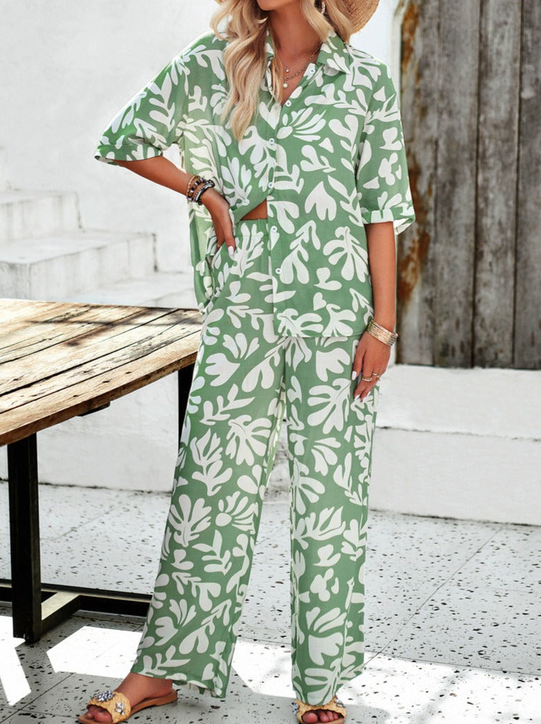 Casual Green Overall Printed Loose Button Down Shirt and Pants Set