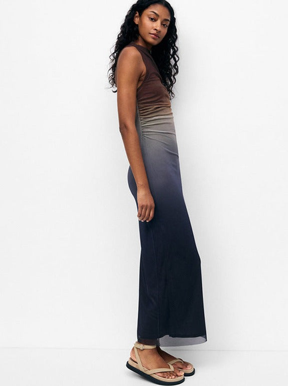 Round Neck Sleeveless Tie Dye Mesh Long Dress