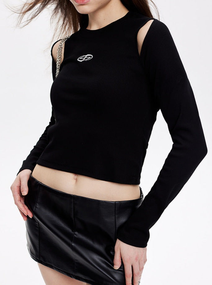 Sexy Black Backless Cut-Off Long-Sleeved Top
