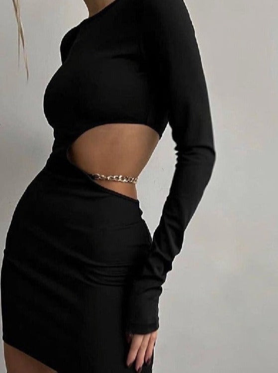 Sexy schwarzes, figurbetontes Kleid mit seitlichen Ausschnitten und langen Ärmeln 