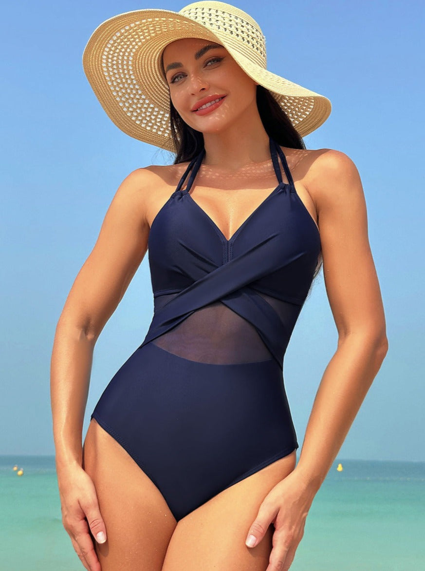 Sexy Strand-Badeanzug mit Netzstoff und Kreuzmuster 