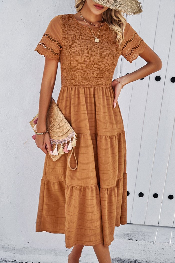 Brown Casual Solid Crochet Lace Sleeve A-Line Midi Dress