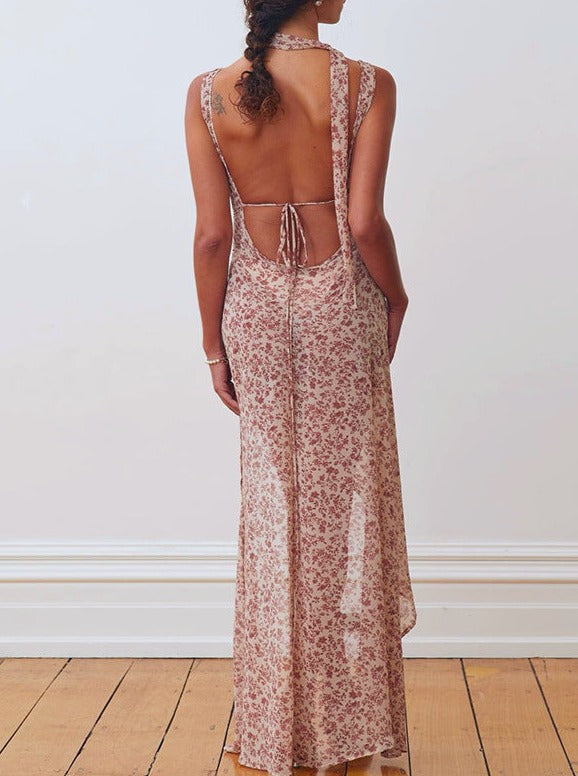 Sexy Floral Slit Backless Strap Dress