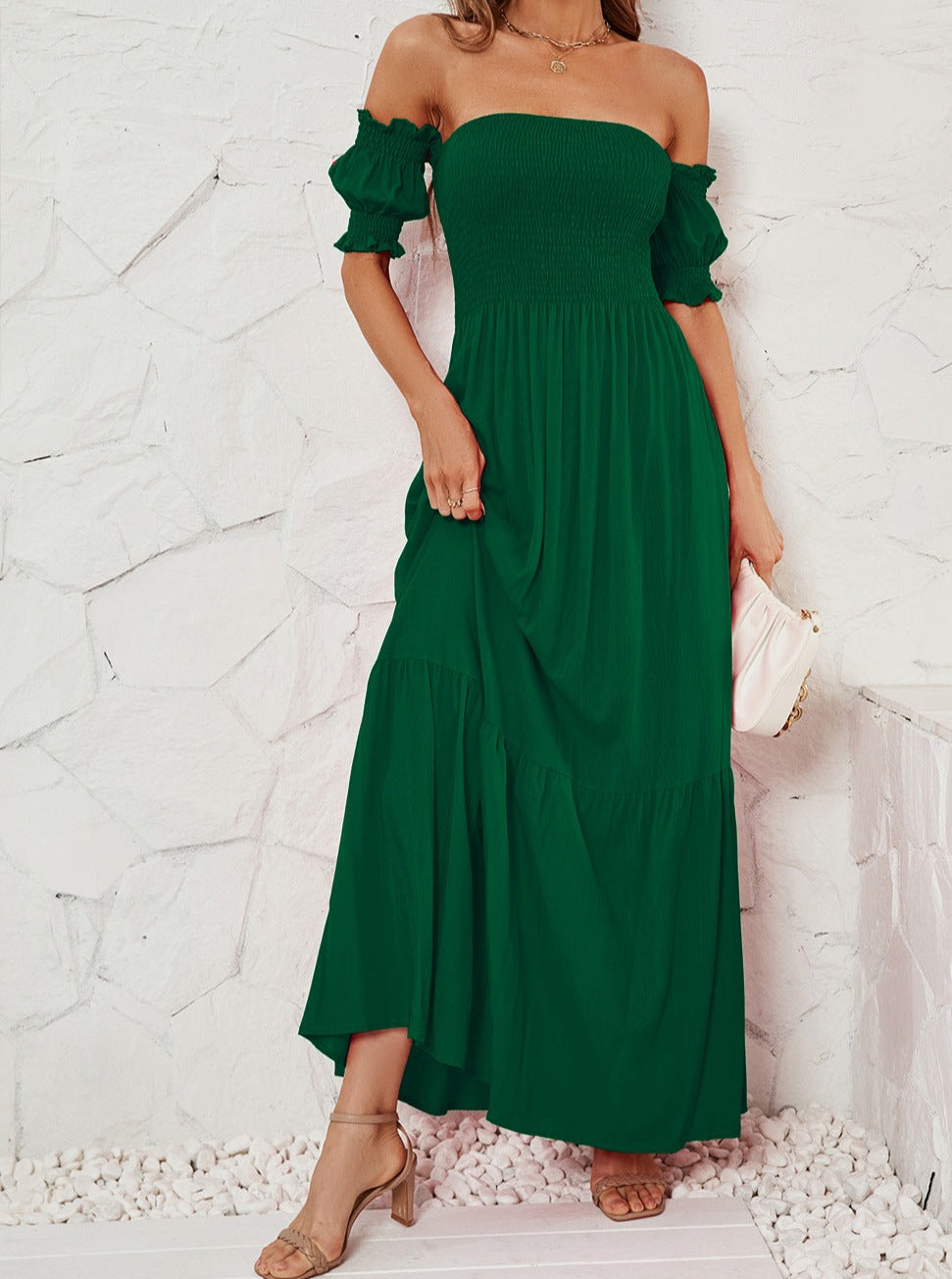 Off Shoulder Bell Sleeve Solid Color Maxi Dress