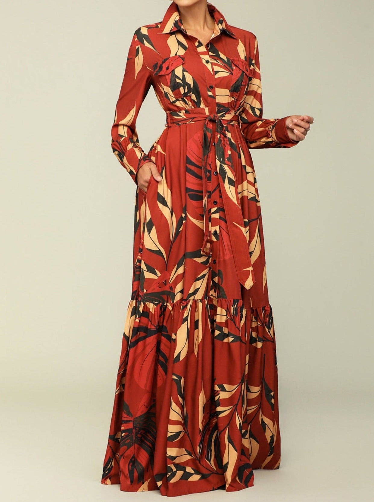 Women's Lapel Tie Printed Long-Sleeved Long Dress