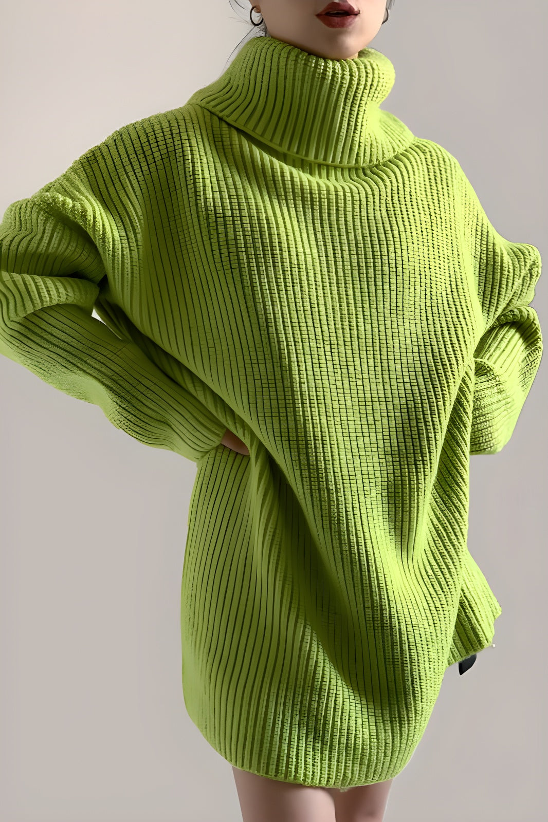 Loose Green Wool Knitted Turtle Neck Pull Over Sweater