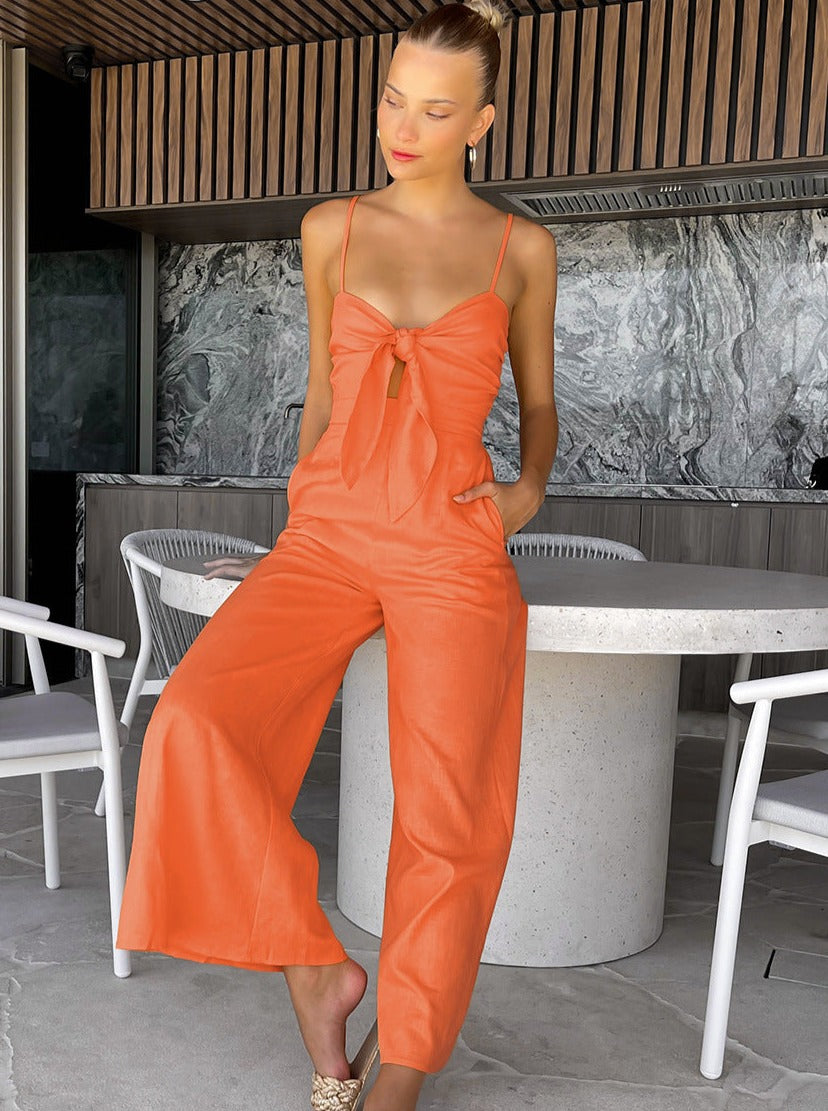 Sold Color Ribboned Jumpsuit