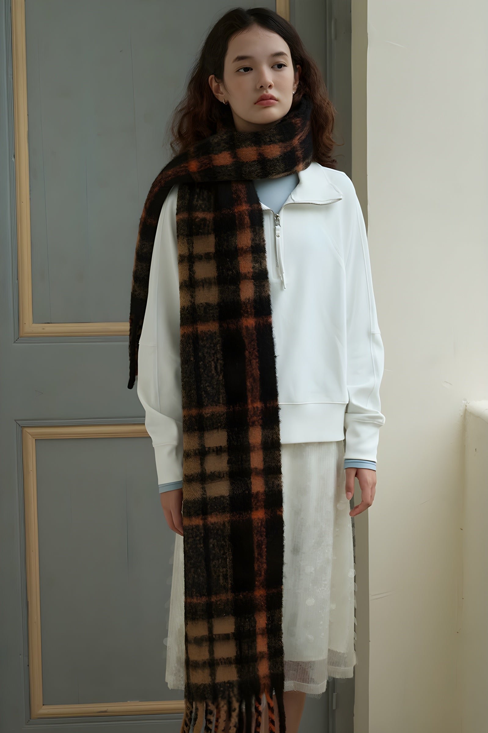 Long Winter Multi Colored Plaid Tassel Neck Scarf