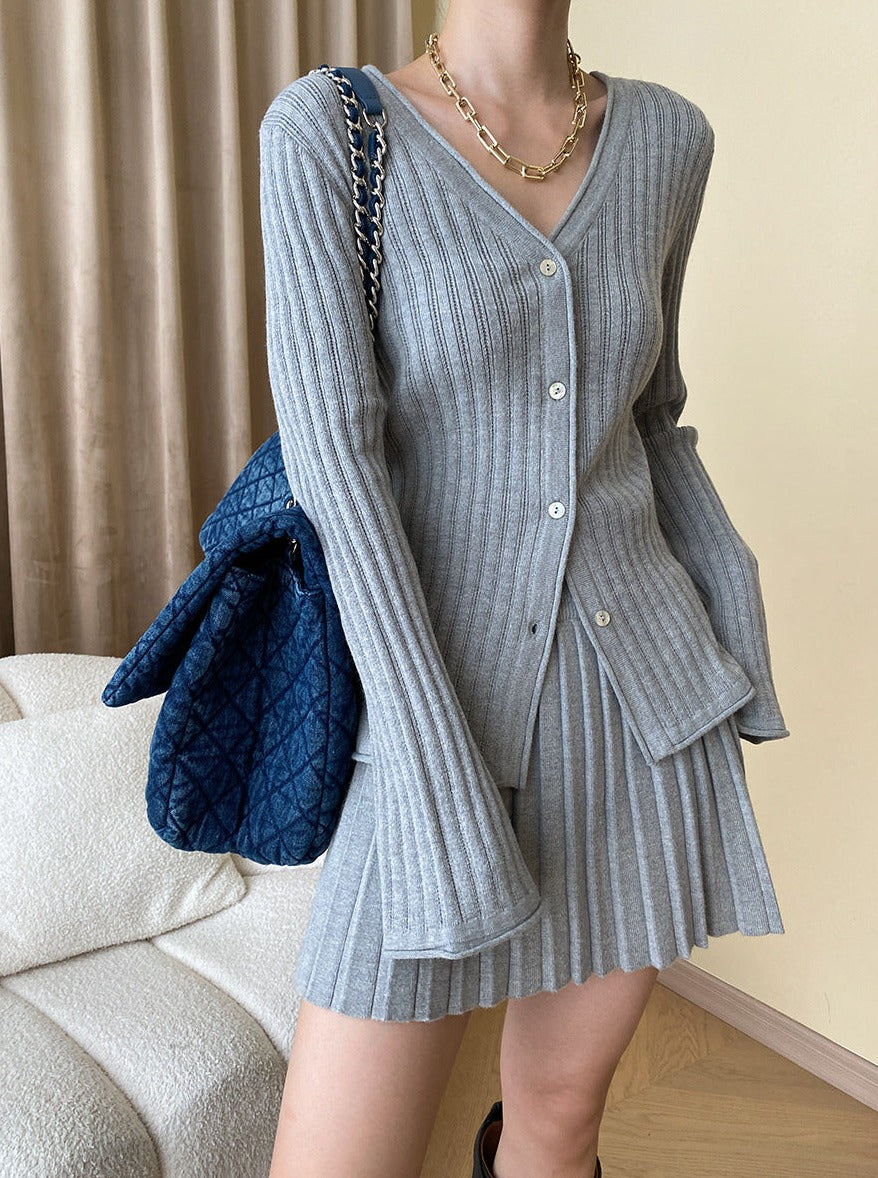 Grey Two Piece Knitted Pleated Cardigan and Skirt Set