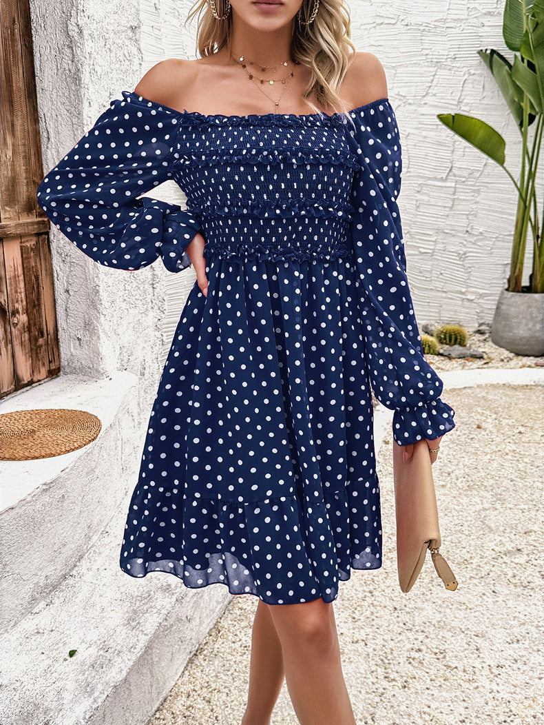 Lässiges Schulterfreies Dunkelblaues Polka Dot Kleid