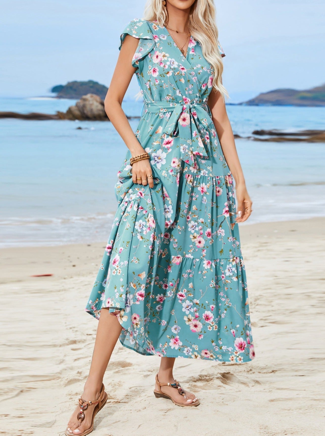 Sweet Floral Wrap Up Style V Neck Ruffles Sleeve Maxi Dress With Belt