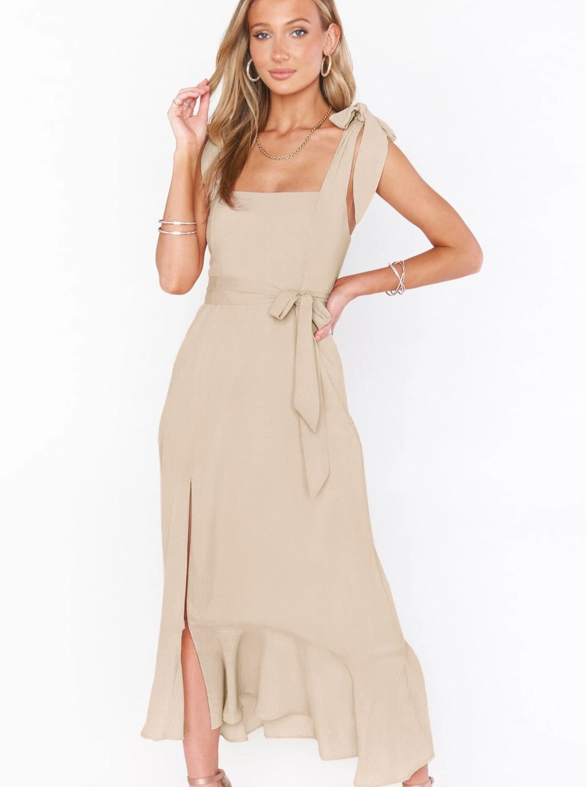 Elegant Solid Color Square Neck Midi Dress