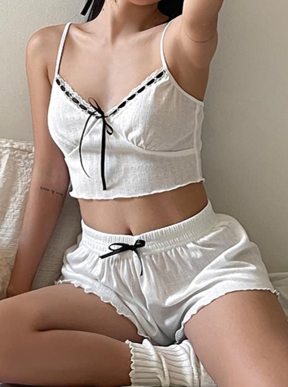 Sexy Two Piece Lace-Up Loose Top Elastic Waist Casual Shorts Set
