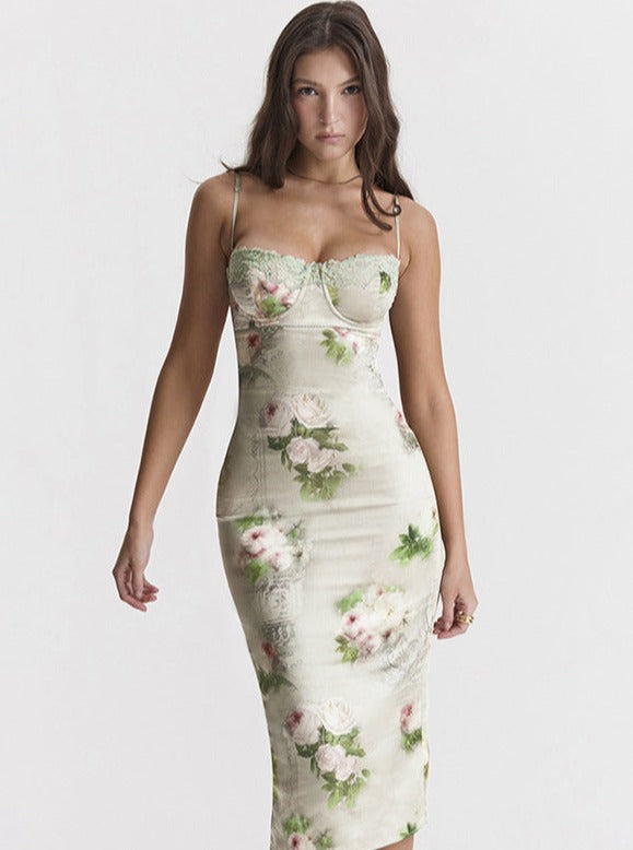 Green Floral Printed Corset Dress