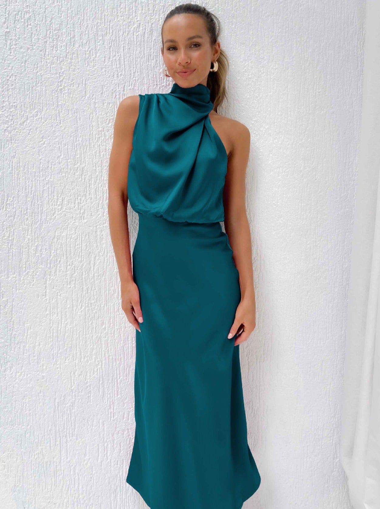 Elegant Blue Halter Neck Dress