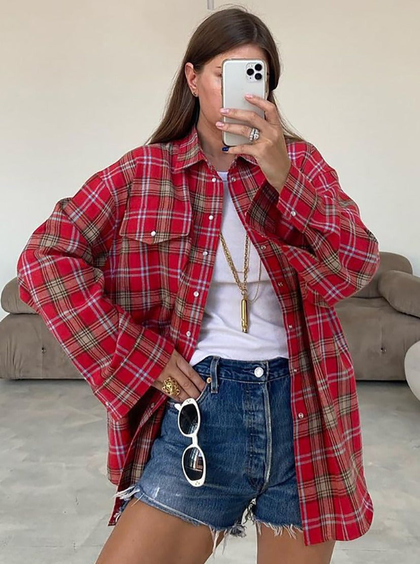 Loose Red Plaid Button Down Jacket