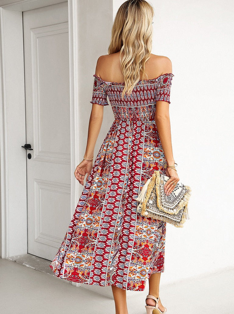 Red Off Shoulder Bohemian Printed Dress