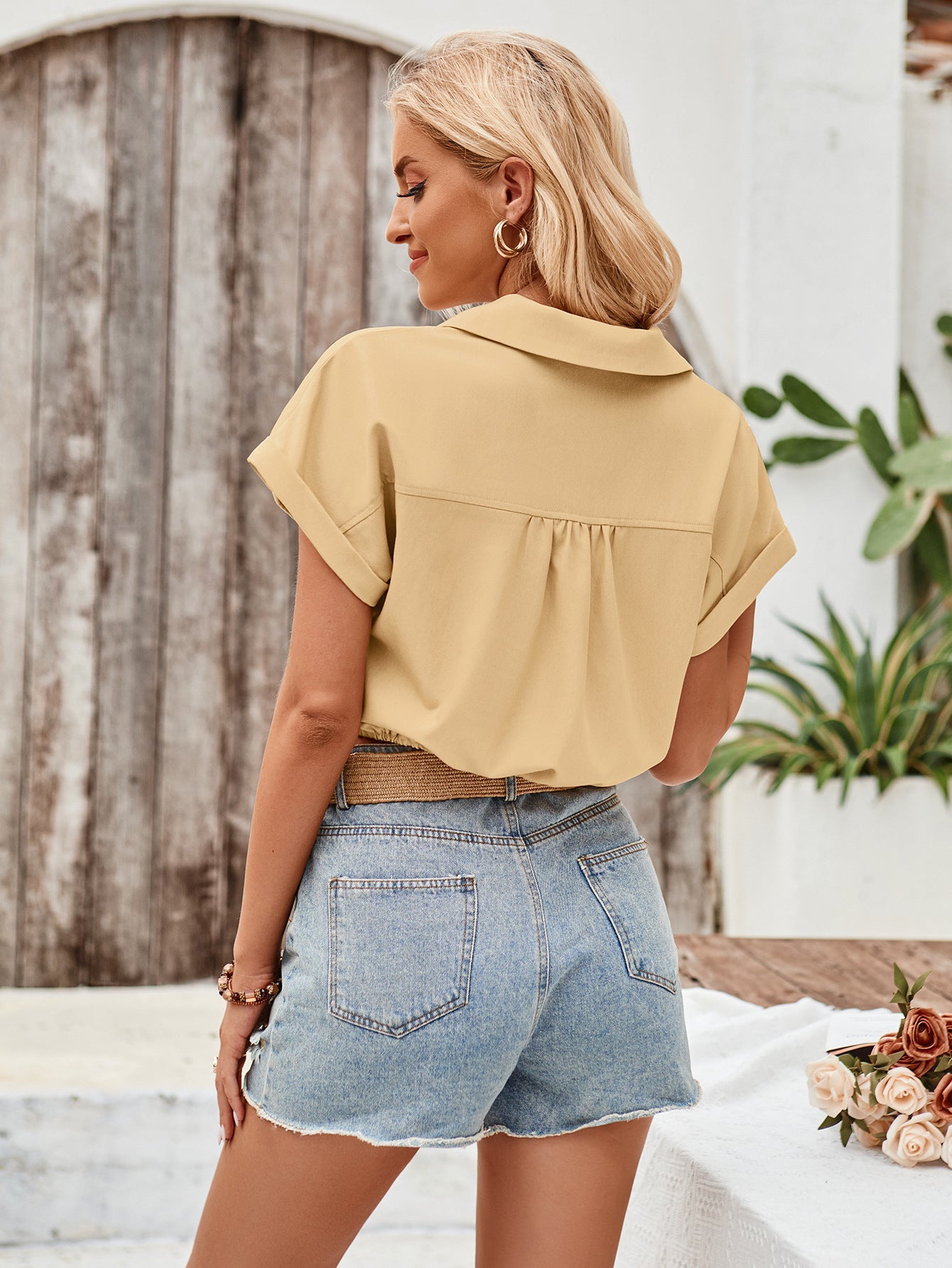 Solid Color Short Sleeve Button Down Crop Top