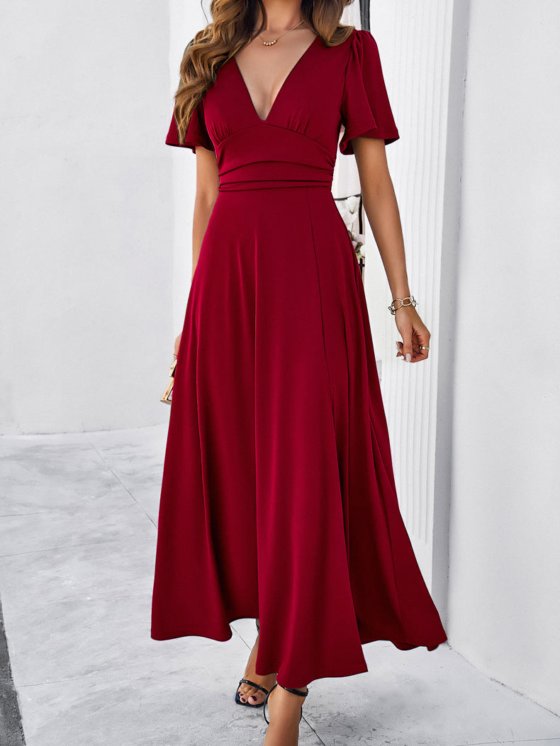 Solid Color Temperament Slit V-Neck Slim Dress