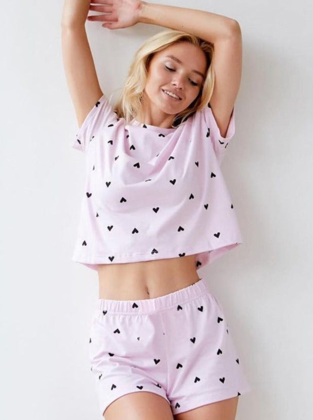 Two Piece Knitted Heart Print Short-Sleeved Shorts Set