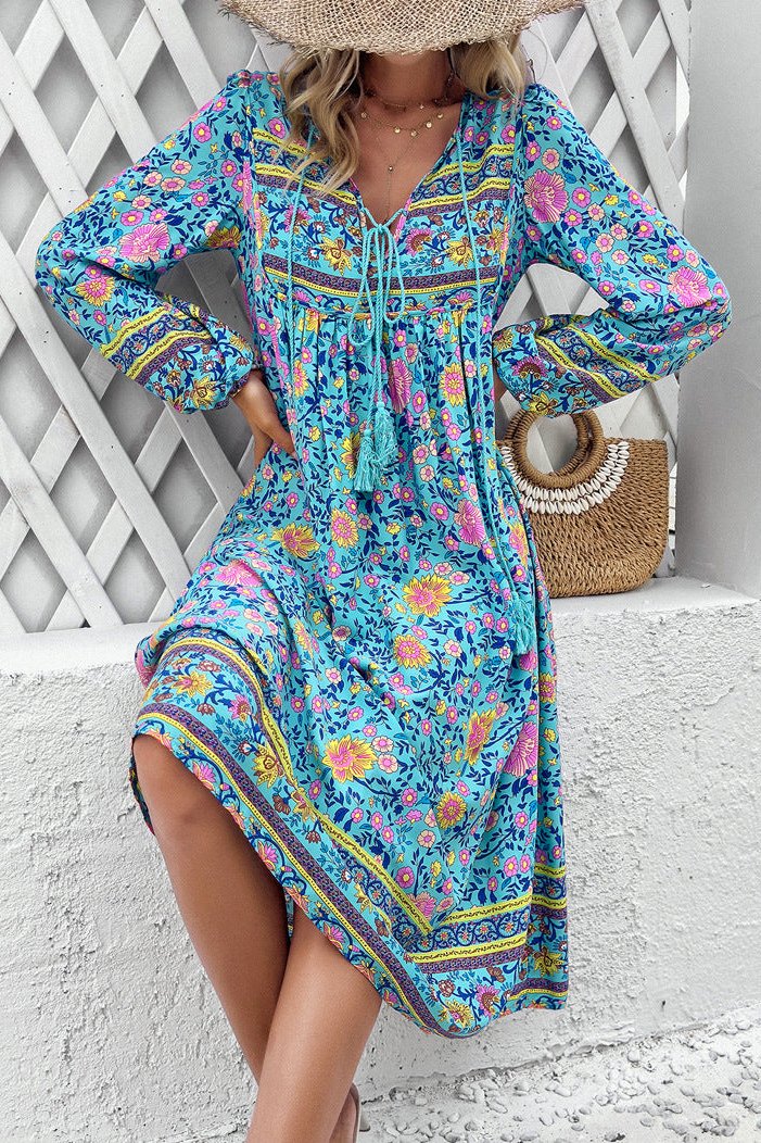 Stylish Floral Long Lantern Sleeve Midi Dress