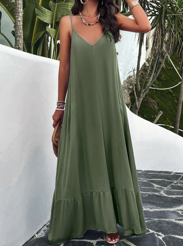 Green Casual Solid Color Suspender Maxi Dress