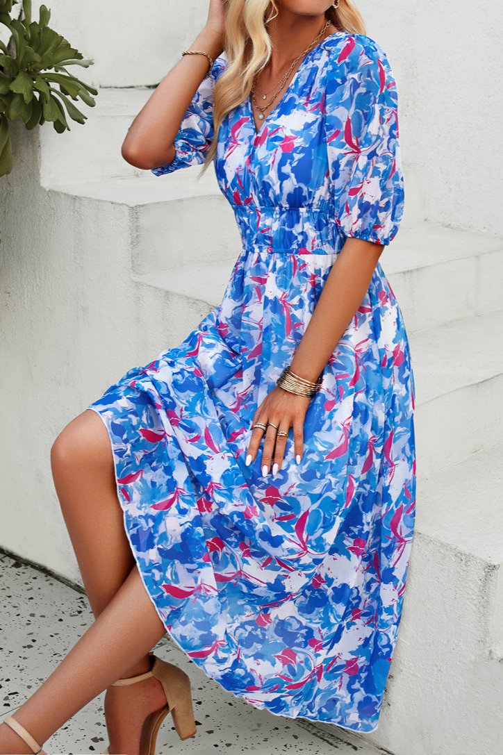 Blue Casual Floral V-Neck Puff Sleeve Midi Dress