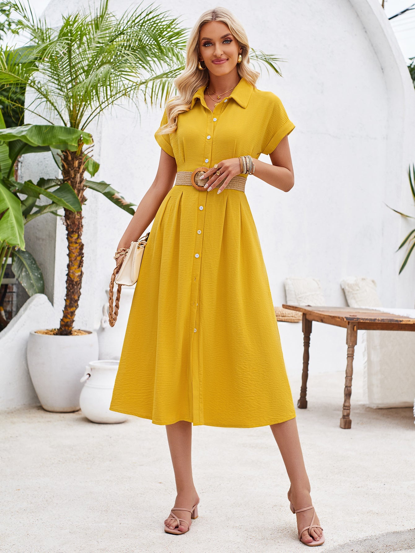 Plain Buttoned Tucked Shirt Short Sleeves Maxi Dress