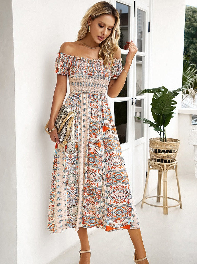 White Off Shoulder Bohemian Printed Dress