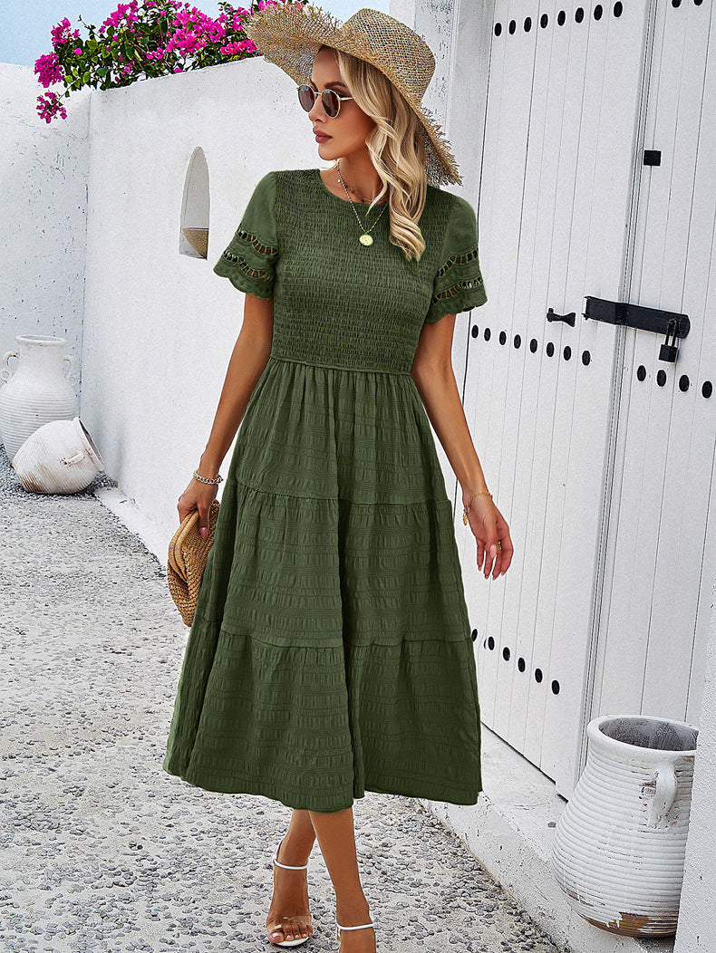 Dark Green Elegant Layered Hollow Dress