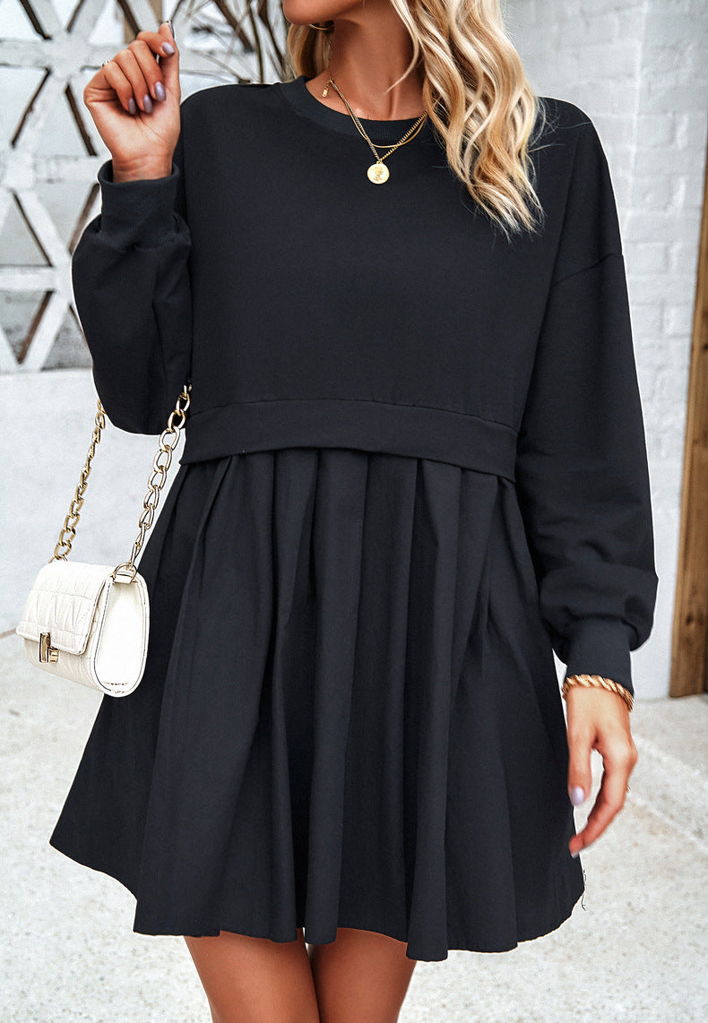 Black Round Neck Long Sleeve Pleated Dress