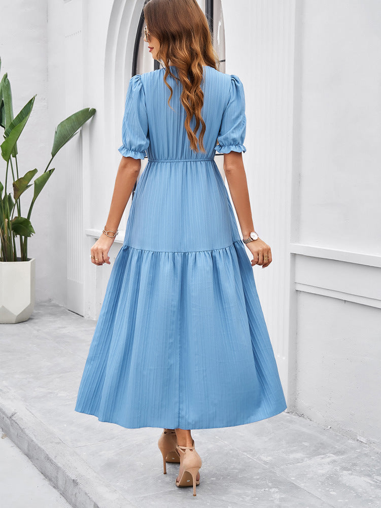 Blue V-Neck Short Sleeved Long Dress