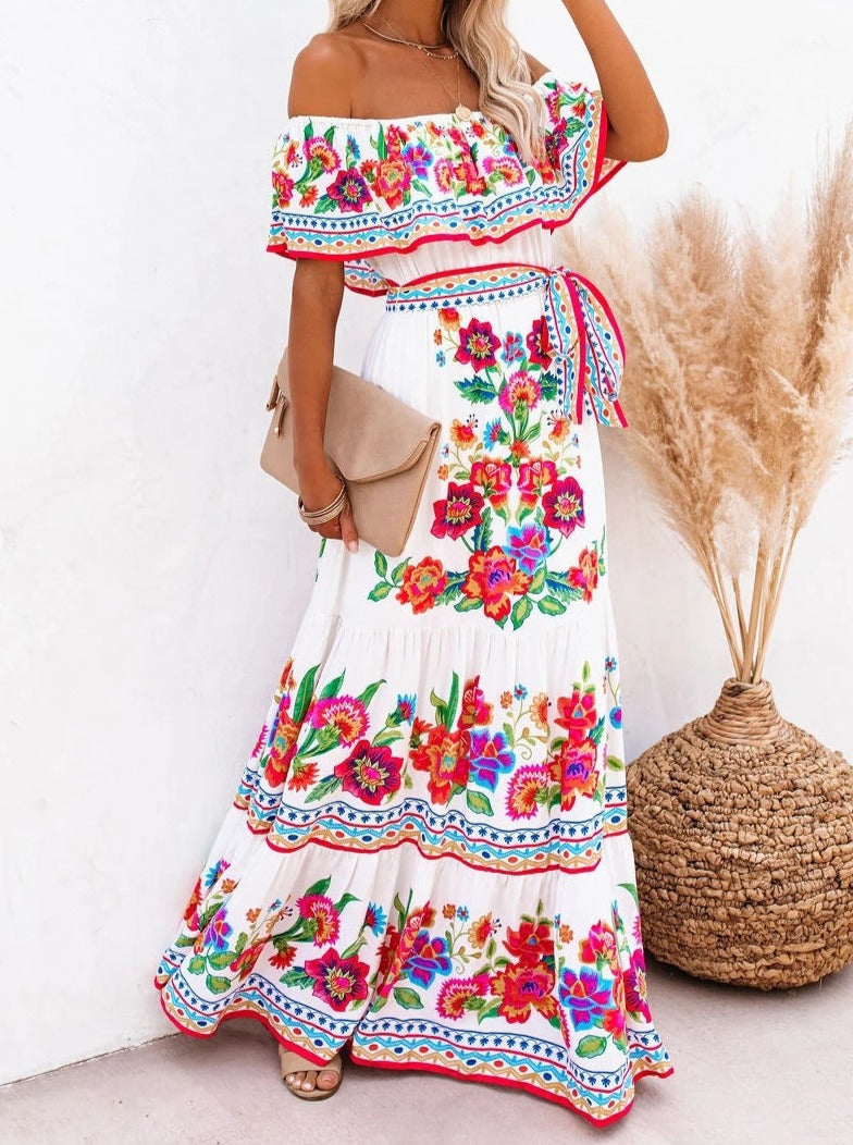 White Floral Retro Printed Off Shoulder Maxi Dress