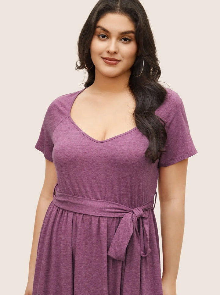 Plus Size Purple Scoop Neck Tie Waist Summer Dress