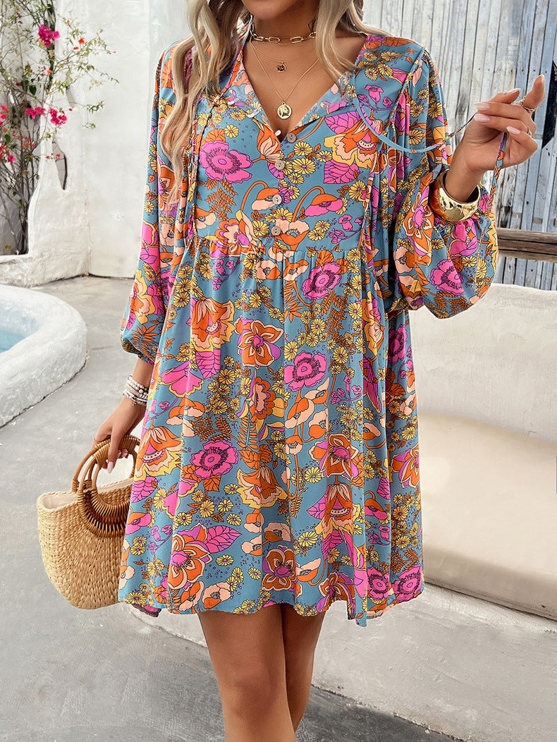 Sky Blue Leisure Printed Long-Sleeved Dress