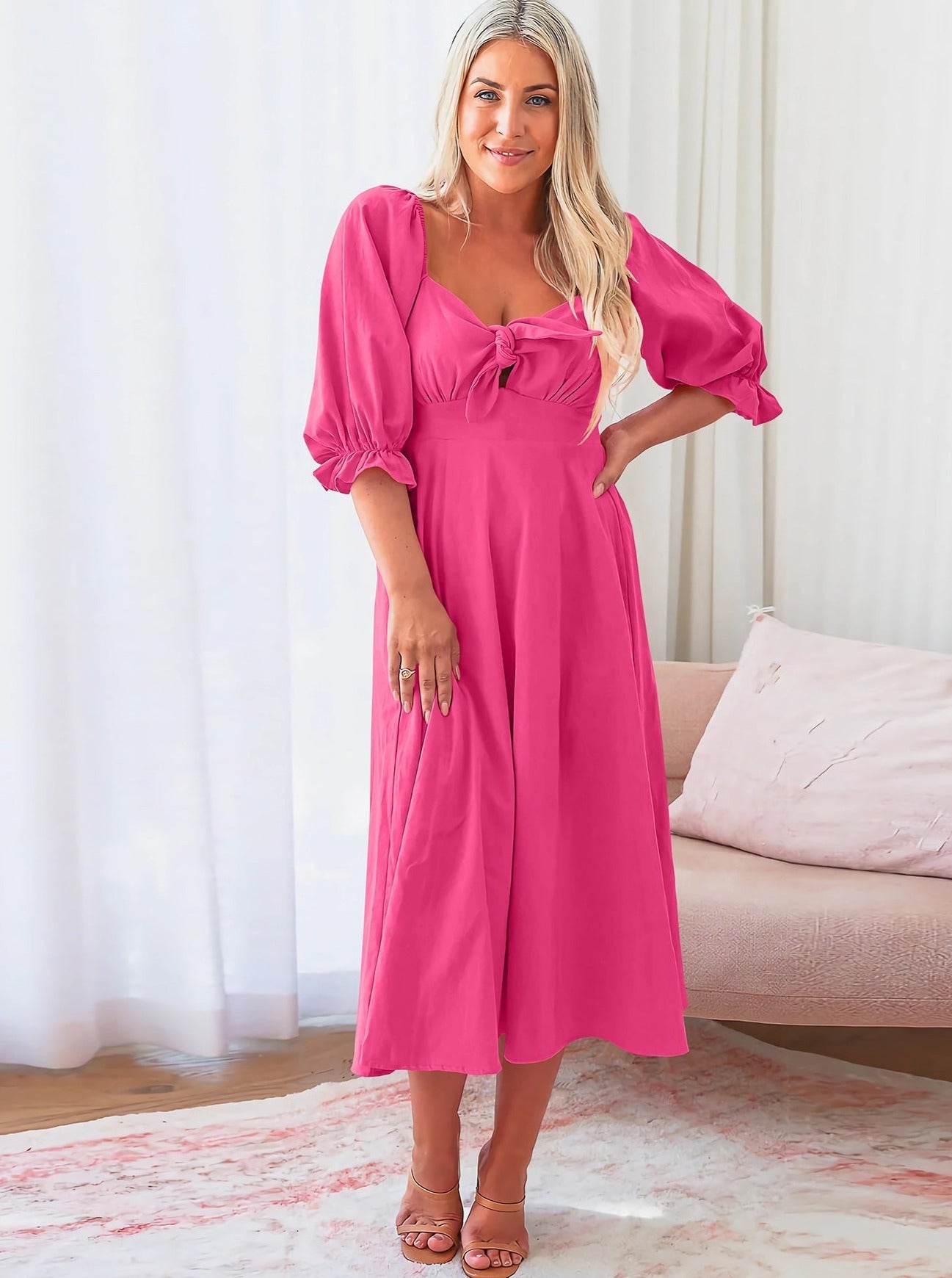 Square Neck Knotted Puff Sleeves Cutout Casual Summer Dress