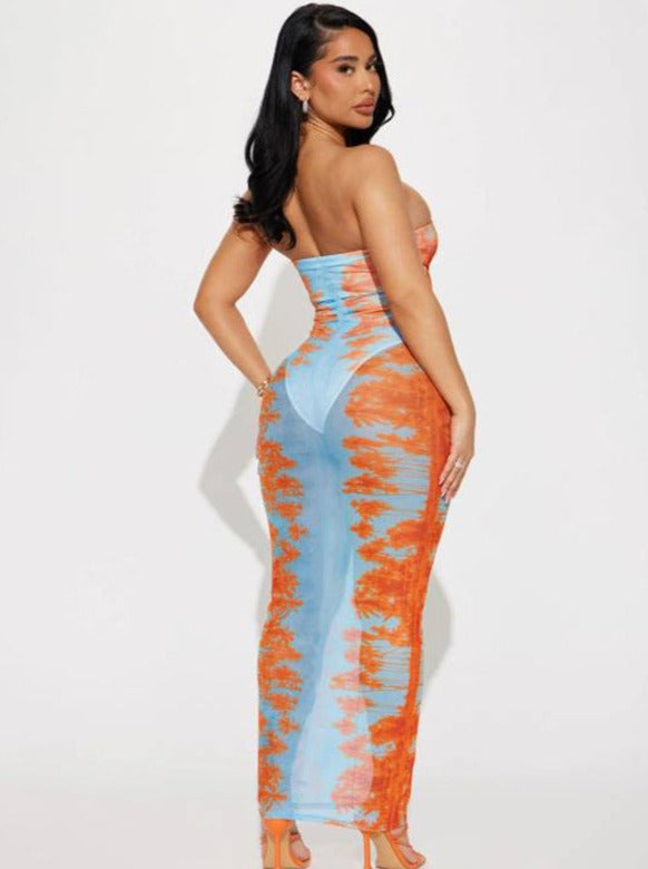 Durchsichtiges, blaues und oranges Batik-Tube-Kleid aus Netzstoff 