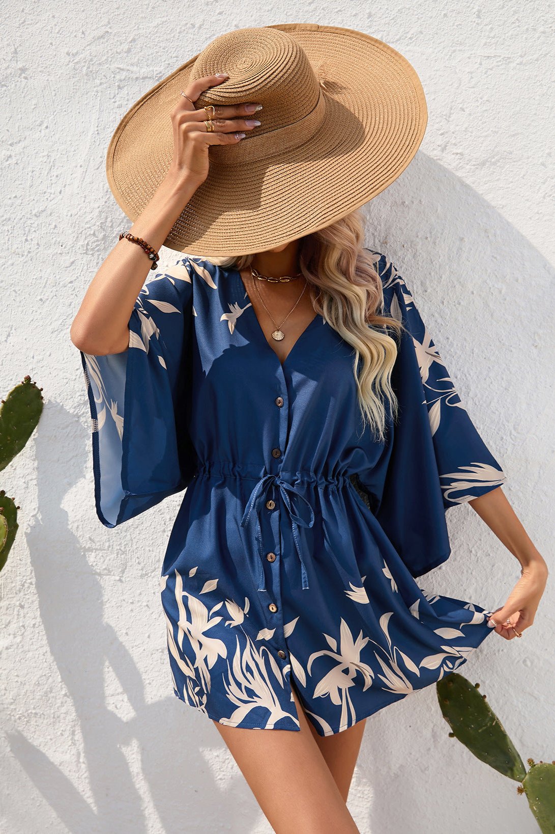 Tropical Deep Blue Printed Half Sleeve Mini Dress