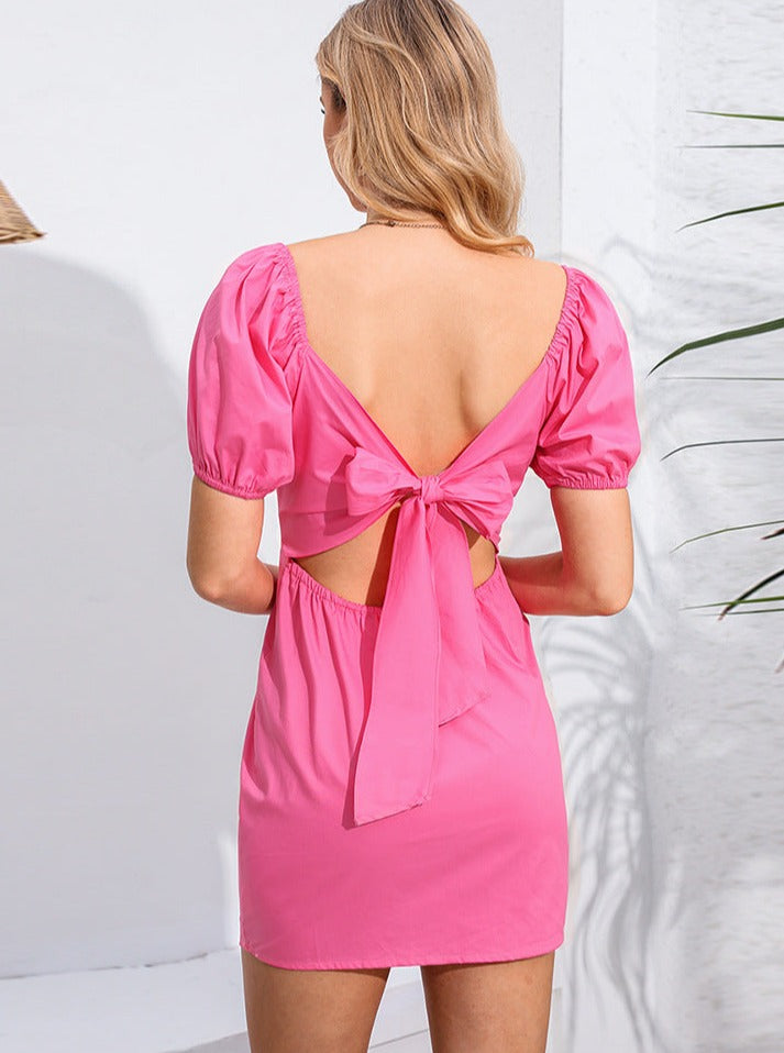 Pink Square Neck Puffed-Sleeve Strap Dress